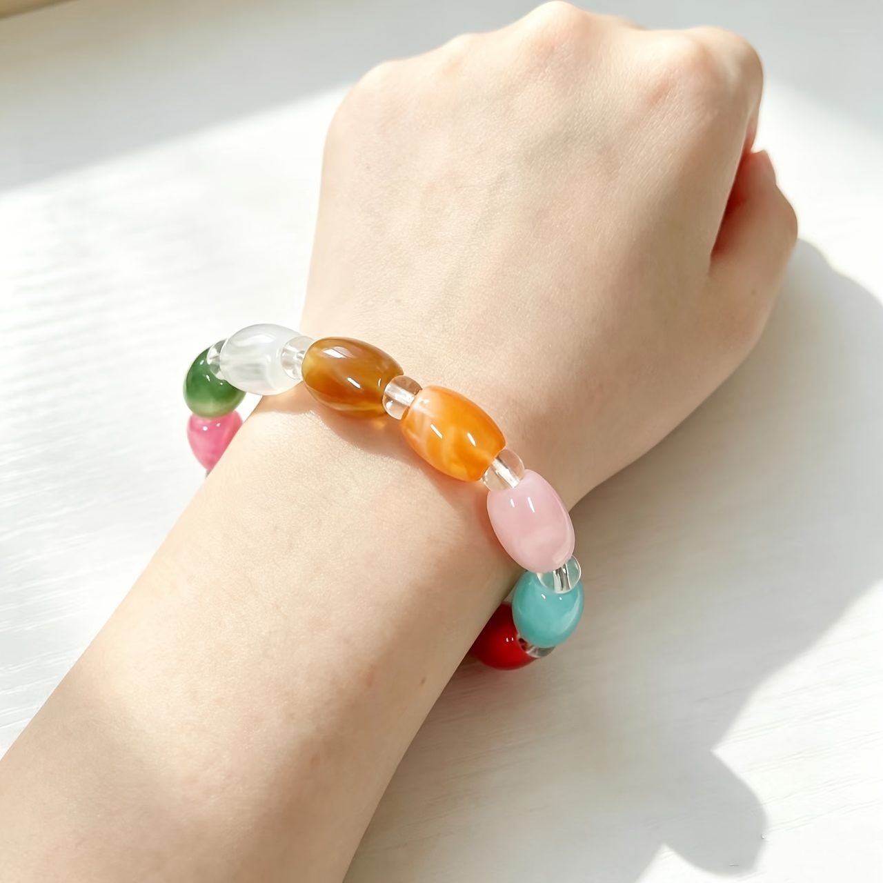 Multi-Color Texture Mixed Elastic Bracelet, Imitation Agate